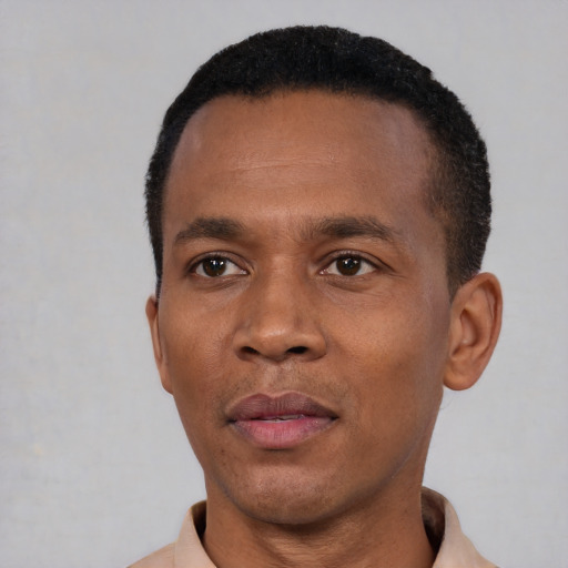 Neutral black young-adult male with short  black hair and brown eyes