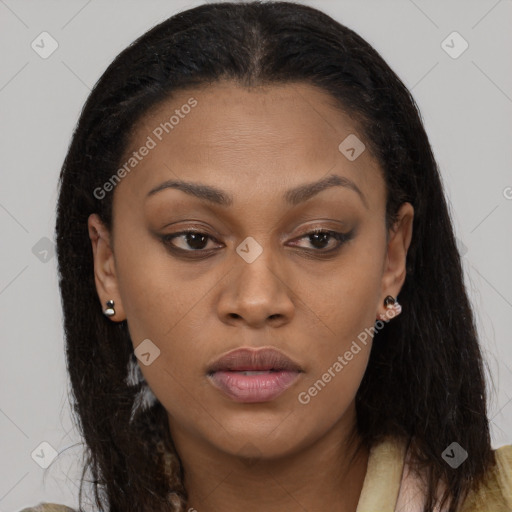 Neutral black young-adult female with long  brown hair and brown eyes