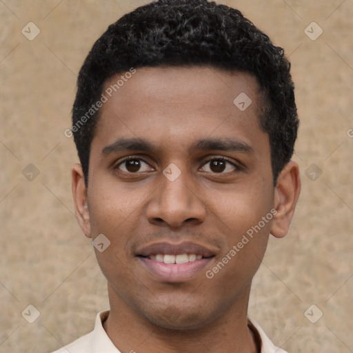 Joyful latino young-adult male with short  black hair and brown eyes