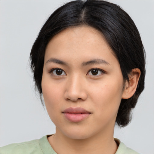 Neutral asian young-adult female with medium  black hair and brown eyes