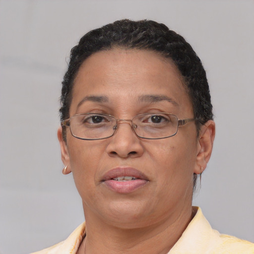 Joyful latino adult female with short  brown hair and brown eyes