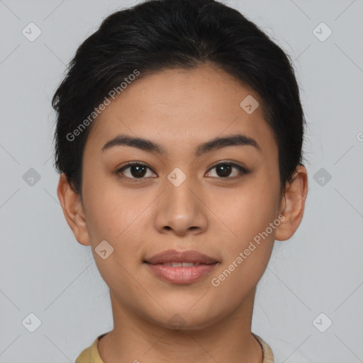 Joyful asian young-adult female with short  brown hair and brown eyes