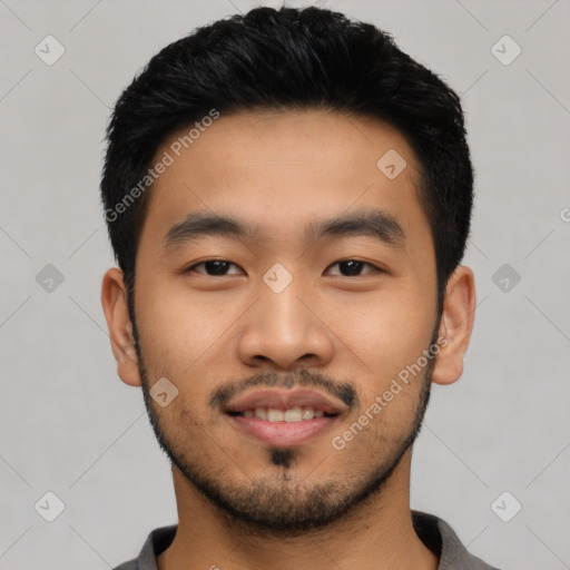 Neutral asian young-adult male with short  black hair and brown eyes