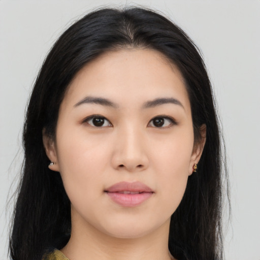 Neutral asian young-adult female with long  black hair and brown eyes