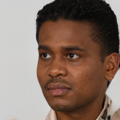 Neutral black young-adult male with short  black hair and brown eyes
