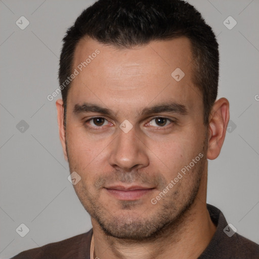 Neutral white young-adult male with short  brown hair and brown eyes