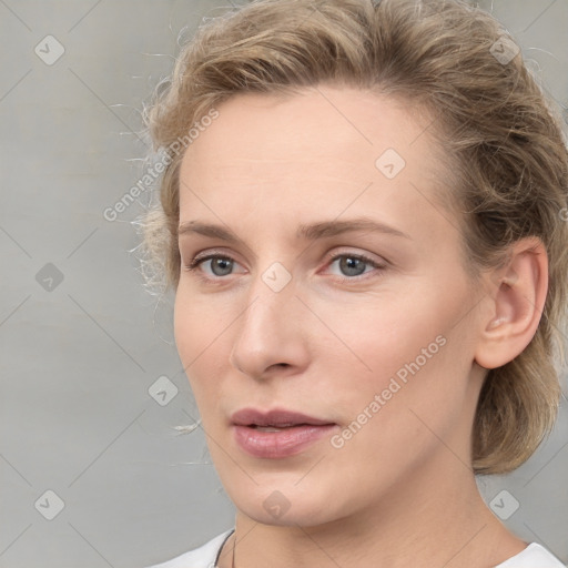 Neutral white young-adult female with medium  brown hair and grey eyes