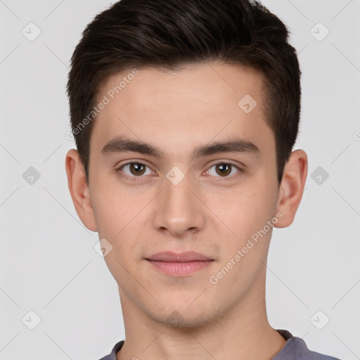 Neutral white young-adult male with short  brown hair and brown eyes