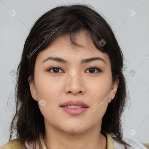 Joyful asian young-adult female with medium  brown hair and brown eyes