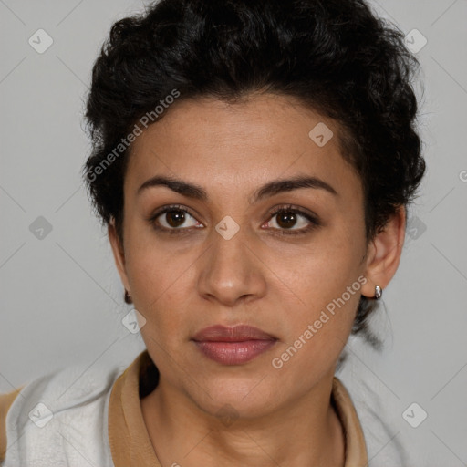 Neutral white young-adult female with short  brown hair and brown eyes