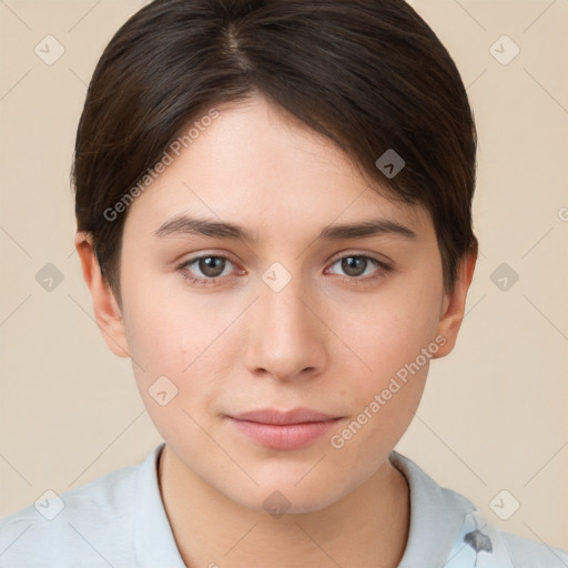 Neutral white young-adult female with short  brown hair and brown eyes