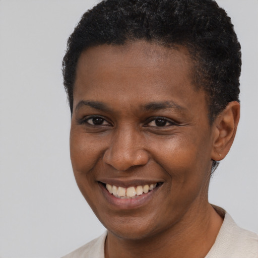 Joyful black young-adult male with short  brown hair and brown eyes