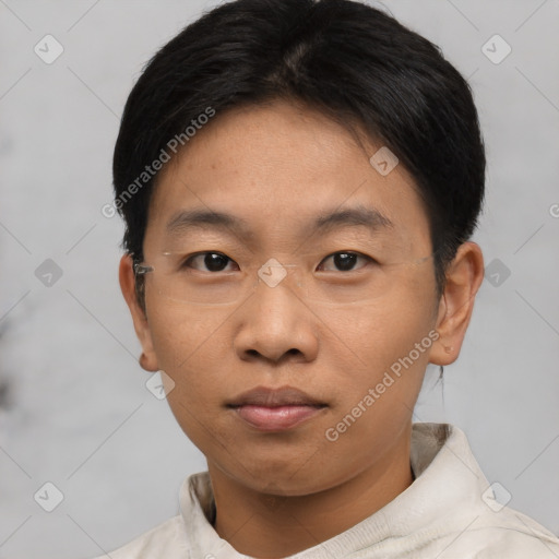 Neutral asian young-adult male with short  black hair and brown eyes
