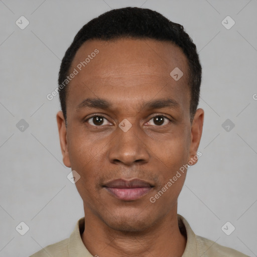 Neutral black young-adult male with short  black hair and brown eyes