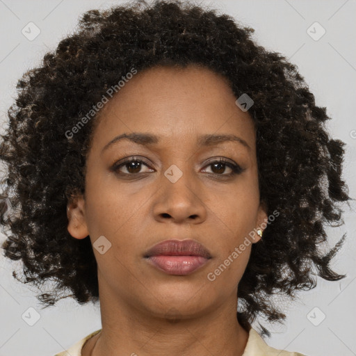 Neutral black young-adult female with medium  brown hair and brown eyes