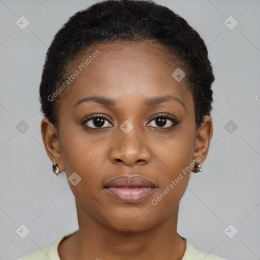 Neutral black young-adult female with short  brown hair and brown eyes