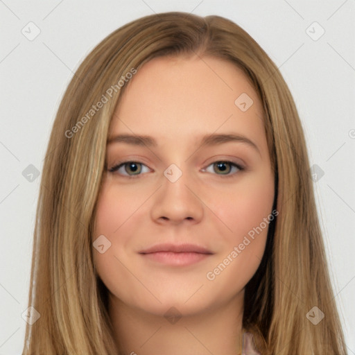 Neutral white young-adult female with long  brown hair and brown eyes