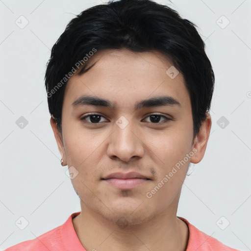 Neutral latino young-adult male with short  black hair and brown eyes