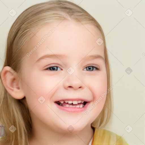 Joyful white child female with medium  brown hair and blue eyes