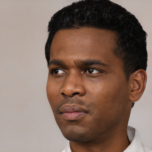 Neutral black young-adult male with short  black hair and brown eyes