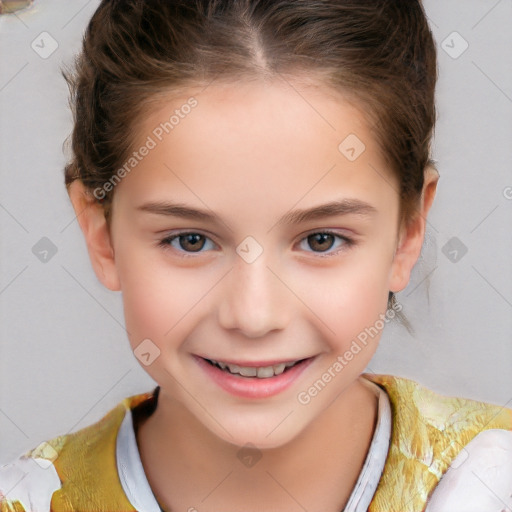 Joyful white child female with short  brown hair and brown eyes