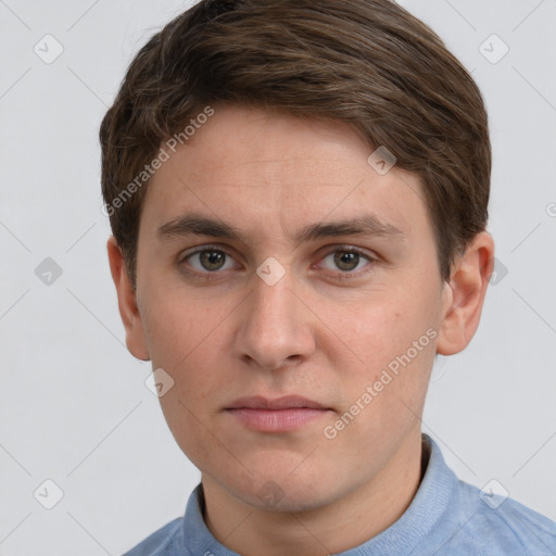 Neutral white young-adult male with short  brown hair and grey eyes