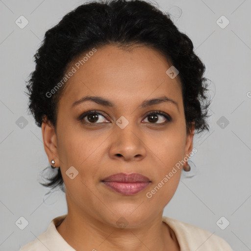 Joyful latino young-adult female with short  brown hair and brown eyes