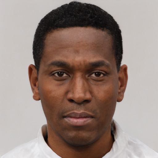 Neutral black young-adult male with short  black hair and brown eyes