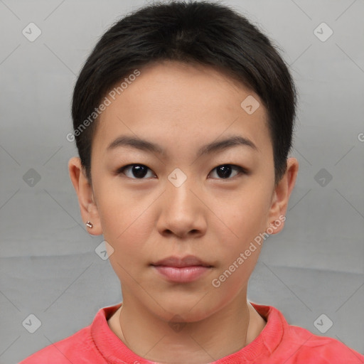 Neutral white young-adult female with short  brown hair and brown eyes