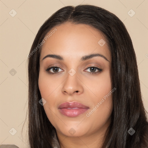 Neutral latino young-adult female with long  black hair and brown eyes