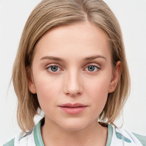 Neutral white young-adult female with medium  brown hair and blue eyes