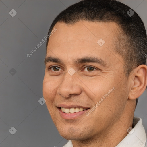 Joyful white adult male with short  brown hair and brown eyes