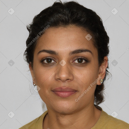 Joyful latino young-adult female with short  brown hair and brown eyes