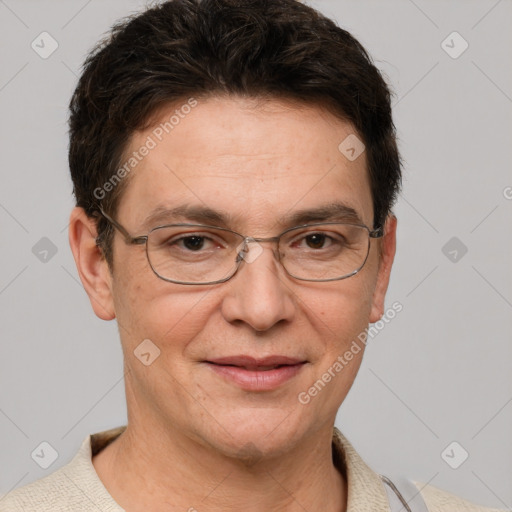 Joyful white adult female with short  brown hair and grey eyes