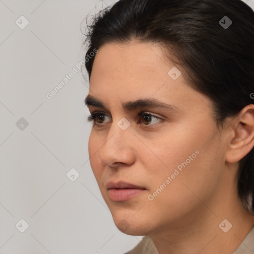 Neutral white young-adult female with medium  brown hair and brown eyes