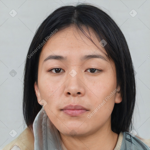 Neutral asian young-adult female with medium  brown hair and brown eyes