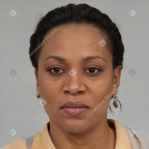 Joyful latino adult female with short  brown hair and brown eyes