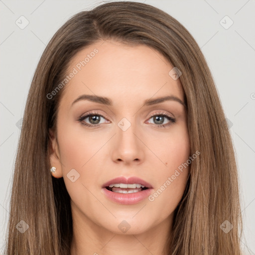 Neutral white young-adult female with long  brown hair and brown eyes