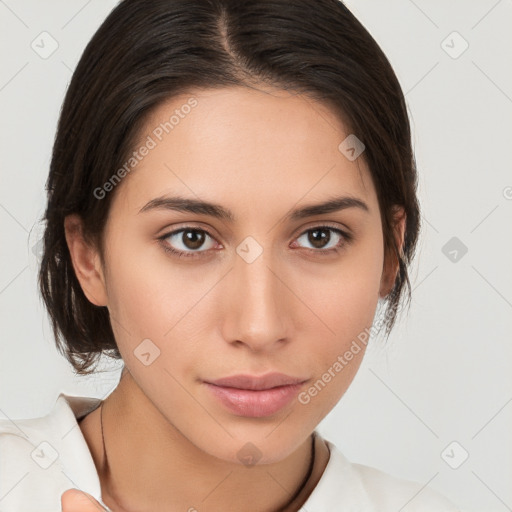 Neutral white young-adult female with medium  brown hair and brown eyes