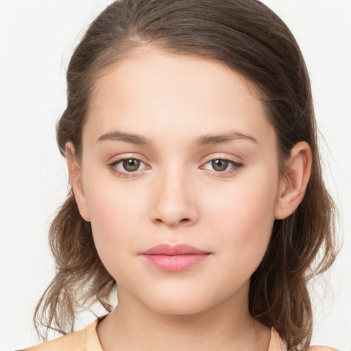 Neutral white young-adult female with medium  brown hair and brown eyes