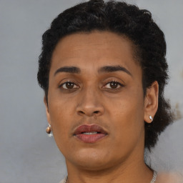 Joyful black adult female with short  brown hair and brown eyes