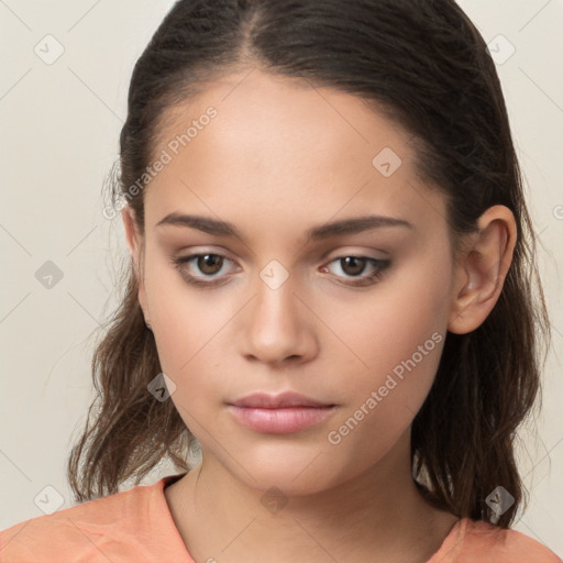 Neutral white young-adult female with medium  brown hair and brown eyes