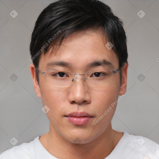 Neutral asian young-adult male with short  brown hair and brown eyes