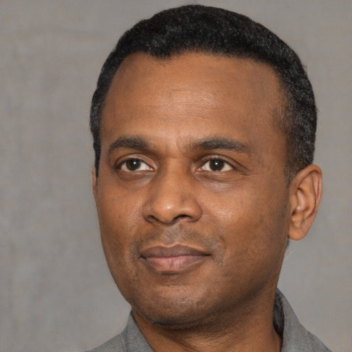 Neutral black adult male with short  black hair and brown eyes