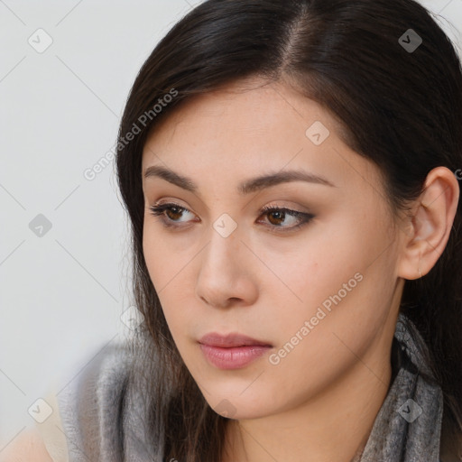 Neutral white young-adult female with long  brown hair and brown eyes