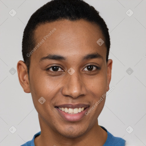 Joyful latino young-adult male with short  brown hair and brown eyes