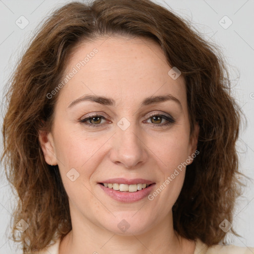 Joyful white young-adult female with medium  brown hair and green eyes