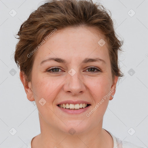 Joyful white young-adult female with short  brown hair and brown eyes