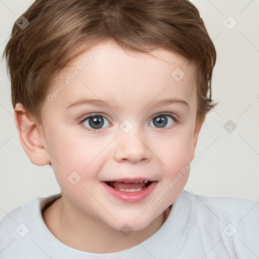 Joyful white child female with short  brown hair and brown eyes