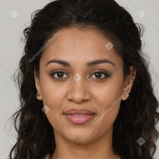 Joyful latino young-adult female with long  brown hair and brown eyes